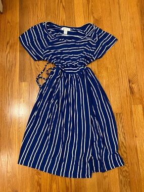 Motherhood Maternity Navy and White Striped Tie-Waist Casual Dress